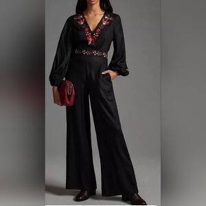 FARM Rio Black Embroidered V-Neck Long Sleeve Jumpsuit